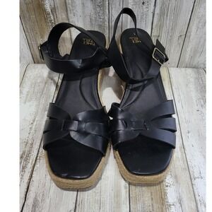 Time and Tru Women Black Espadrille Wedge Sandals Ankle Strap‎ Size 11
